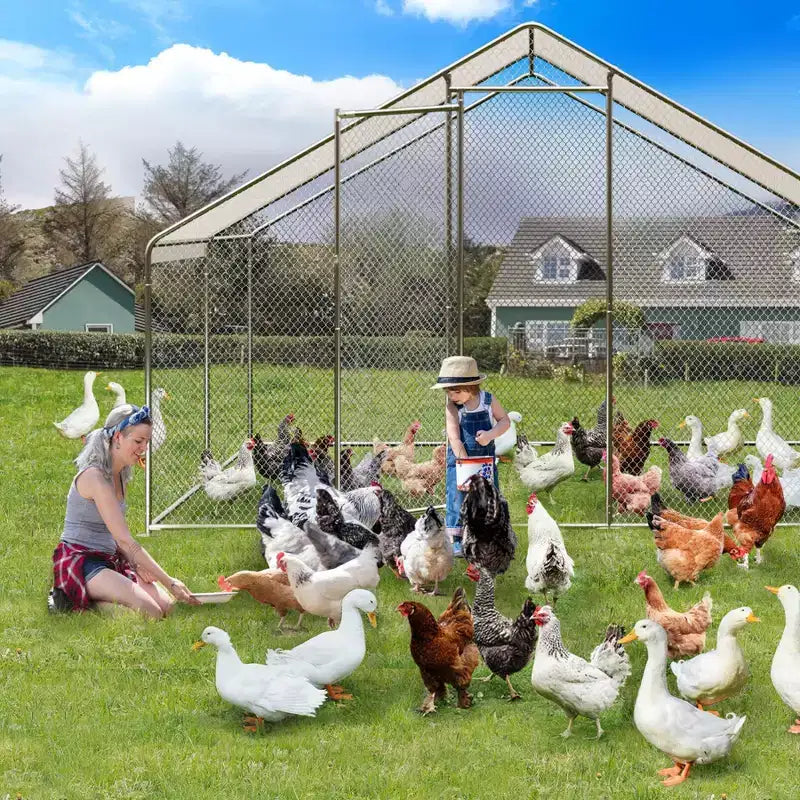 Poulailler, Grand Enclos Métallique de 4 m avec Bâche - Toit Pointu, Verrou pour Ferme de Jardin Extérieur, Canard Lapin