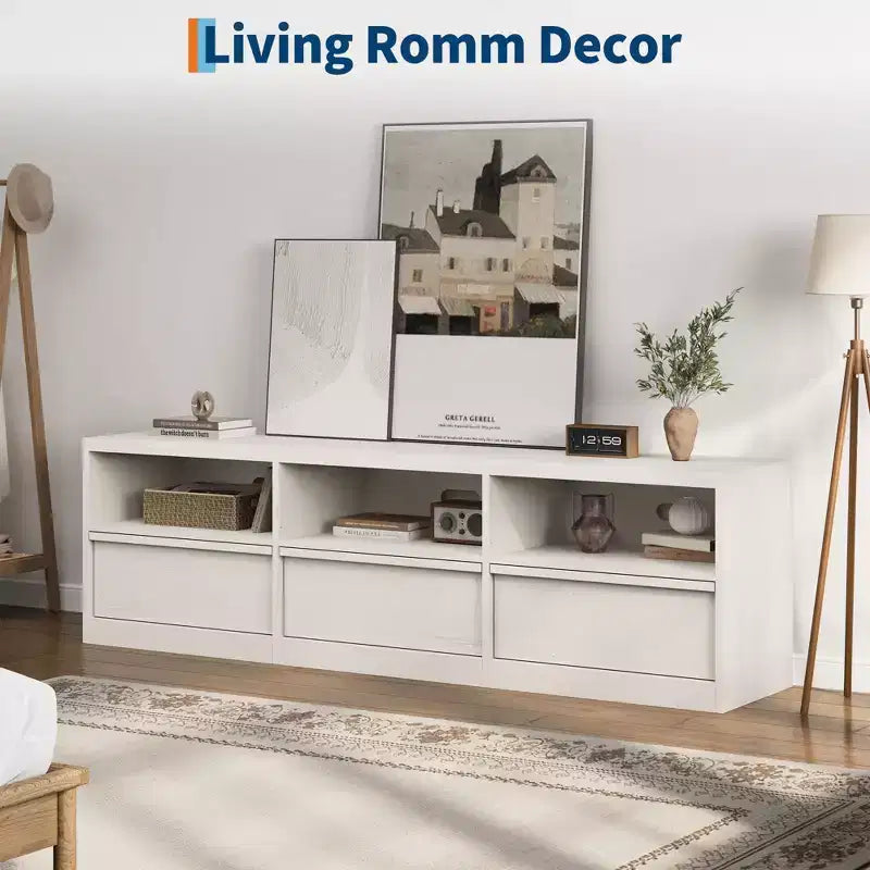 Meuble TV de 178 cm pour TV de 80 pouces, meuble de divertissement moderne du milieu du siècle avec tiroir de rangement et étagères ouvertes