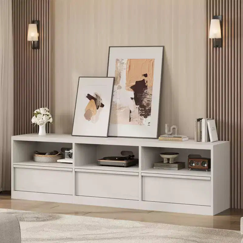 Meuble TV de 178 cm pour TV de 80 pouces, meuble de divertissement moderne du milieu du siècle avec tiroir de rangement et étagères ouvertes