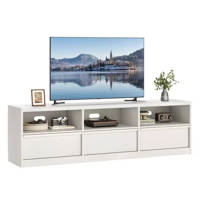 Meuble TV de 178 cm pour TV de 80 pouces, meuble de divertissement moderne du milieu du siècle avec tiroir de rangement et étagères ouvertes