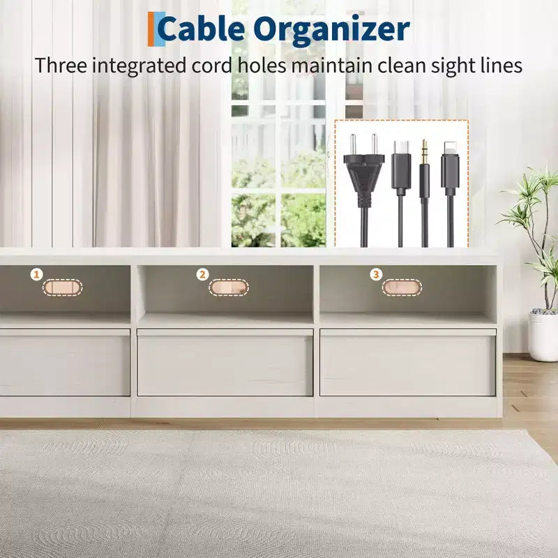 Meuble TV de 178 cm pour TV de 80 pouces, meuble de divertissement moderne du milieu du siècle avec tiroir de rangement et étagères ouvertes