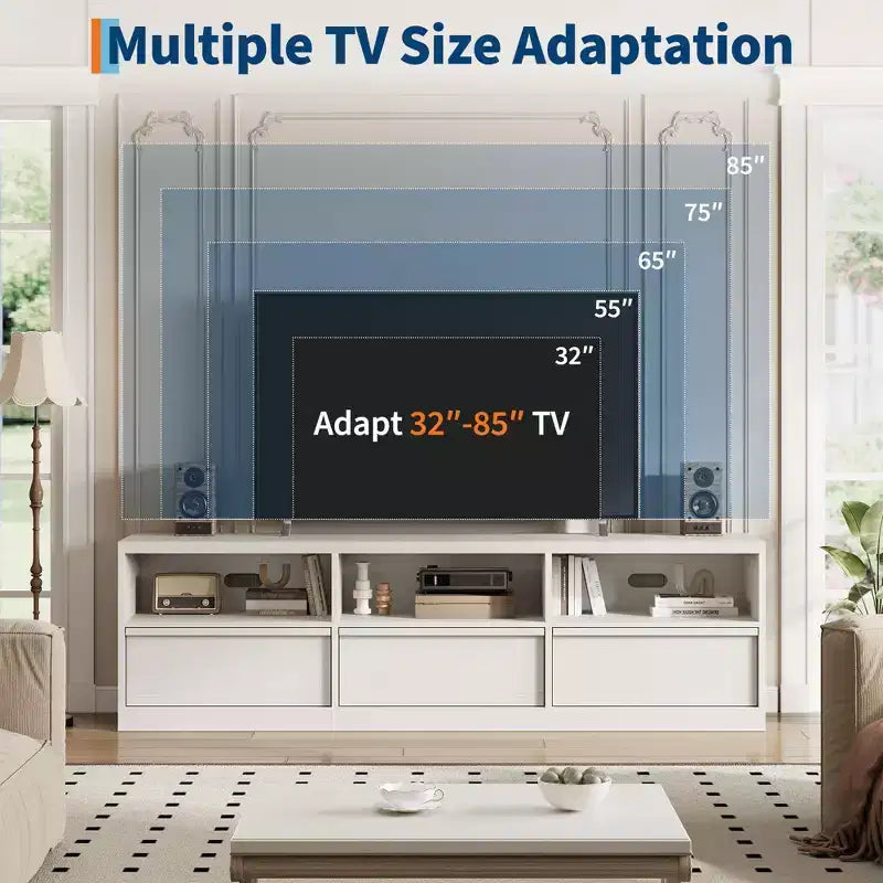 Meuble TV de 178 cm pour TV de 80 pouces, meuble de divertissement moderne du milieu du siècle avec tiroir de rangement et étagères ouvertes