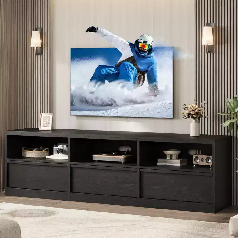 Meuble TV de 178 cm pour TV de 80 pouces, meuble de divertissement moderne du milieu du siècle avec tiroir de rangement et étagères ouvertes