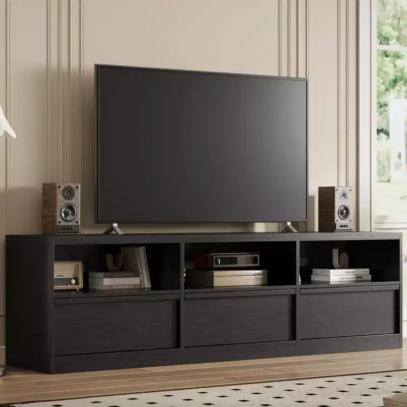 Meuble TV de 178 cm pour TV de 80 pouces, meuble de divertissement moderne du milieu du siècle avec tiroir de rangement et étagères ouvertes