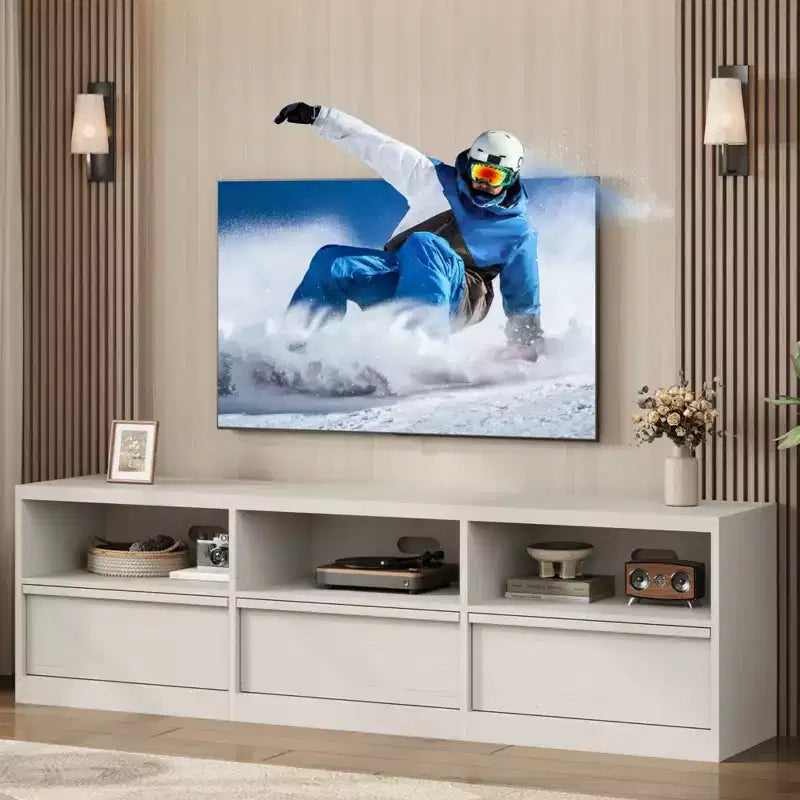Meuble TV de 178 cm pour TV de 80 pouces, meuble de divertissement moderne du milieu du siècle avec tiroir de rangement et étagères ouvertes