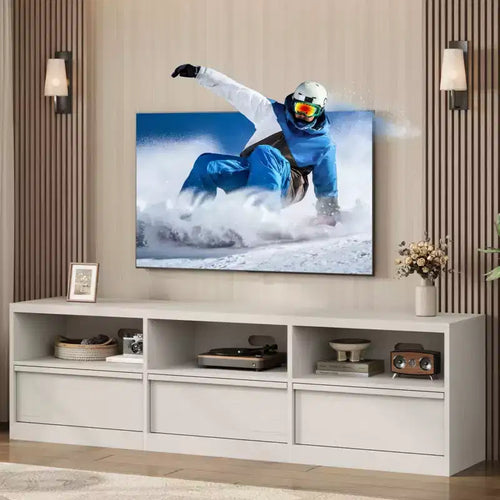 Meuble TV de 178 cm pour TV de 80 pouces, meuble de divertissement moderne du milieu du siècle avec tiroir de rangement et étagères ouvertes