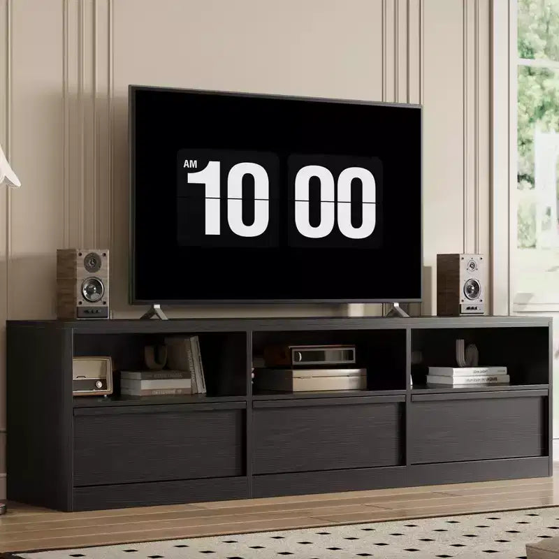 Meuble TV de 178 cm pour TV de 80 pouces, meuble de divertissement moderne du milieu du siècle avec tiroir de rangement et étagères ouvertes