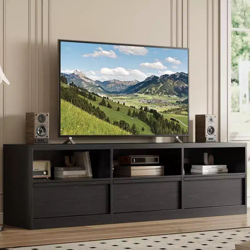 Meuble TV de 178 cm pour TV de 80 pouces, meuble de divertissement moderne du milieu du siècle avec tiroir de rangement et étagères ouvertes