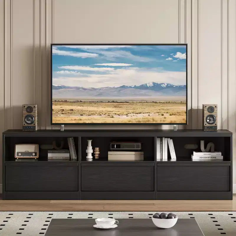 Meuble TV de 178 cm pour TV de 80 pouces, meuble de divertissement moderne du milieu du siècle avec tiroir de rangement et étagères ouvertes