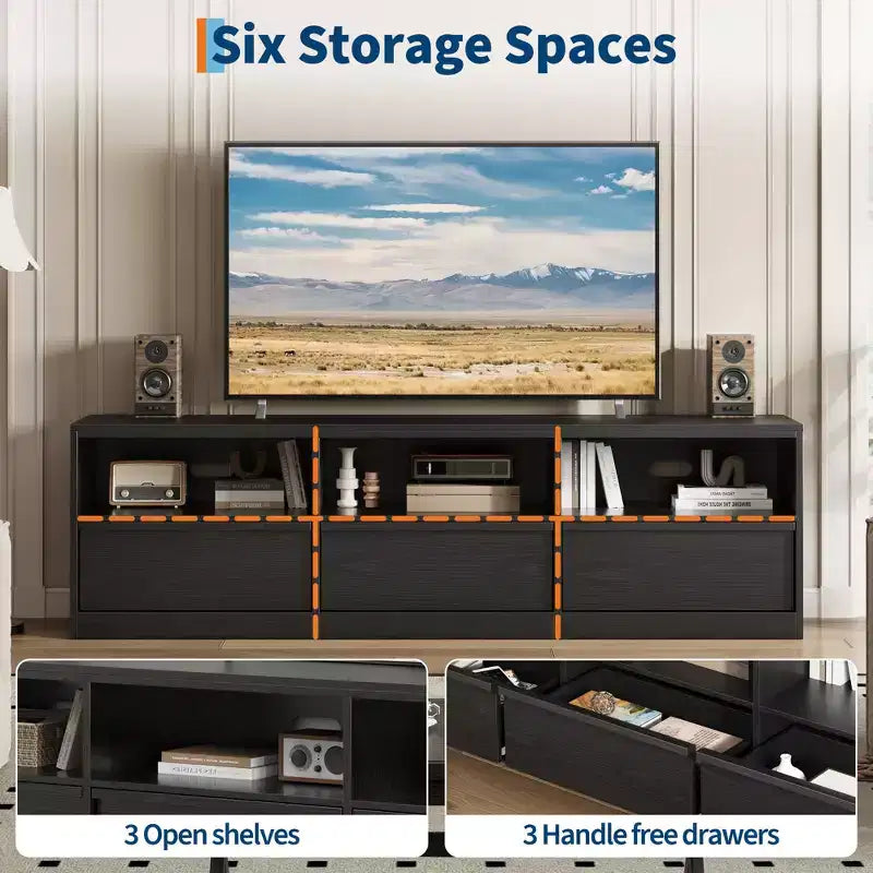 Meuble TV de 178 cm pour TV de 80 pouces, meuble de divertissement moderne du milieu du siècle avec tiroir de rangement et étagères ouvertes