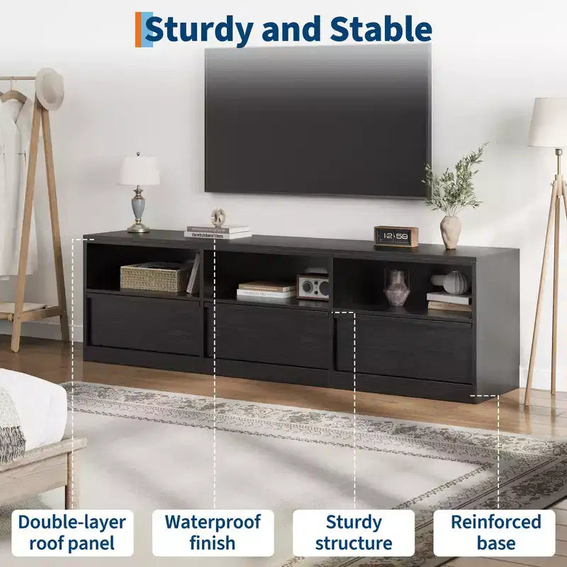 Meuble TV de 178 cm pour TV de 80 pouces, meuble de divertissement moderne du milieu du siècle avec tiroir de rangement et étagères ouvertes