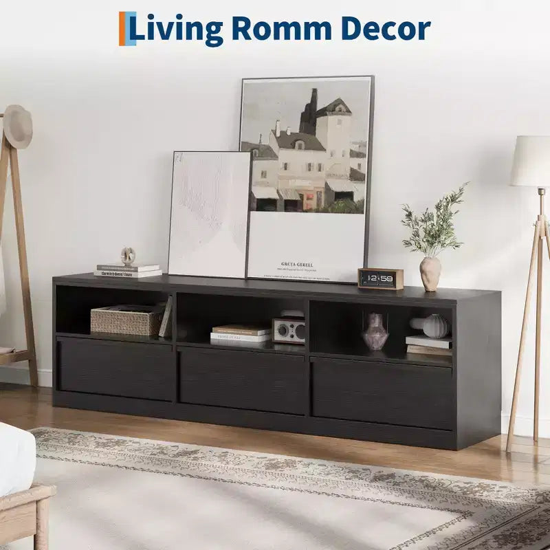 Meuble TV de 178 cm pour TV de 80 pouces, meuble de divertissement moderne du milieu du siècle avec tiroir de rangement et étagères ouvertes