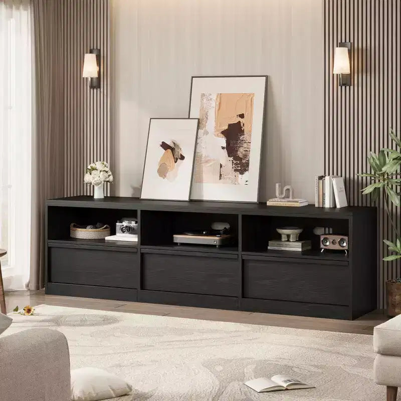 Meuble TV de 178 cm pour TV de 80 pouces, meuble de divertissement moderne du milieu du siècle avec tiroir de rangement et étagères ouvertes
