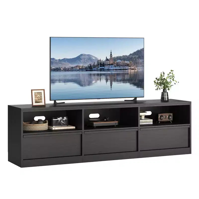 Meuble TV de 178 cm pour TV de 80 pouces, meuble de divertissement moderne du milieu du siècle avec tiroir de rangement et étagères ouvertes