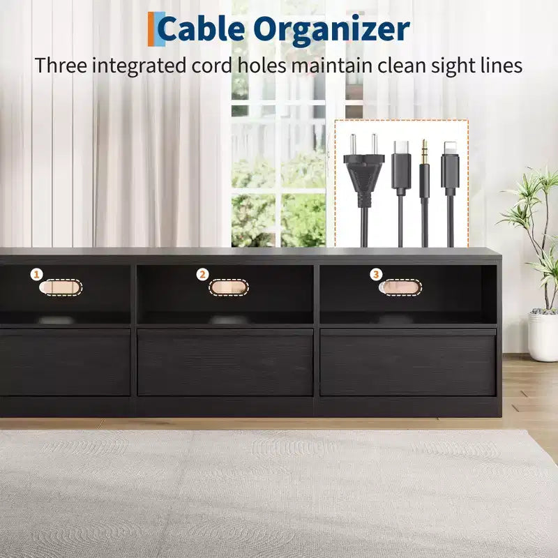 Meuble TV de 178 cm pour TV de 80 pouces, meuble de divertissement moderne du milieu du siècle avec tiroir de rangement et étagères ouvertes