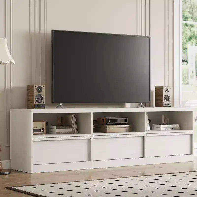 Meuble TV de 178 cm pour TV de 80 pouces, meuble de divertissement moderne du milieu du siècle avec tiroir de rangement et étagères ouvertes
