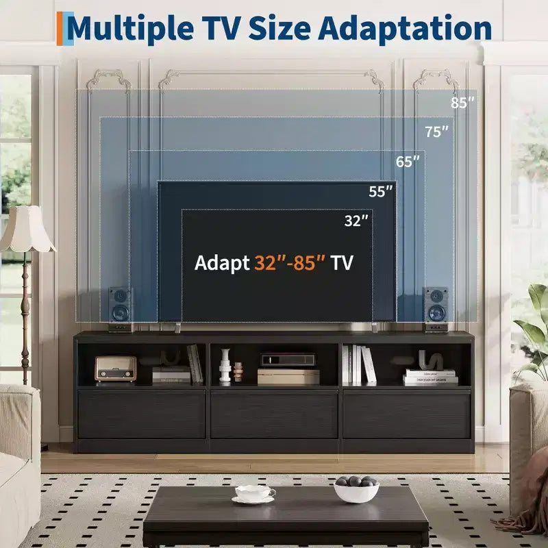 Meuble TV de 178 cm pour TV de 80 pouces, meuble de divertissement moderne du milieu du siècle avec tiroir de rangement et étagères ouvertes