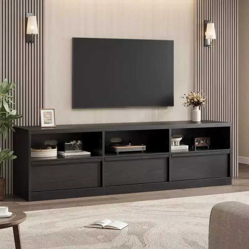 Meuble TV de 178 cm pour TV de 80 pouces, meuble de divertissement moderne du milieu du siècle avec tiroir de rangement et étagères ouvertes