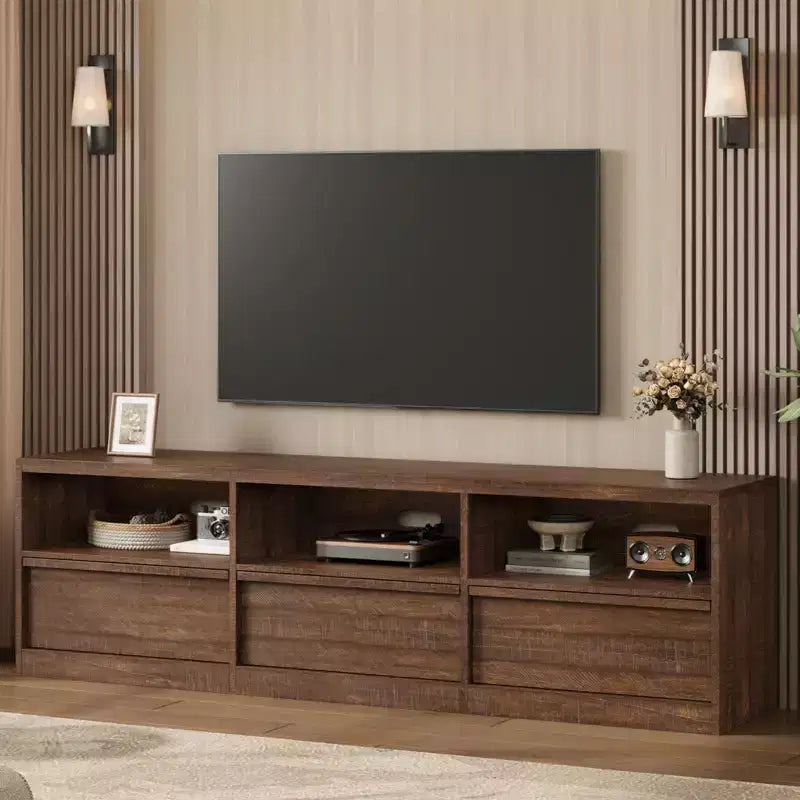 Meuble TV de 178 cm pour TV de 80 pouces, meuble de divertissement moderne du milieu du siècle avec tiroir de rangement et étagères ouvertes