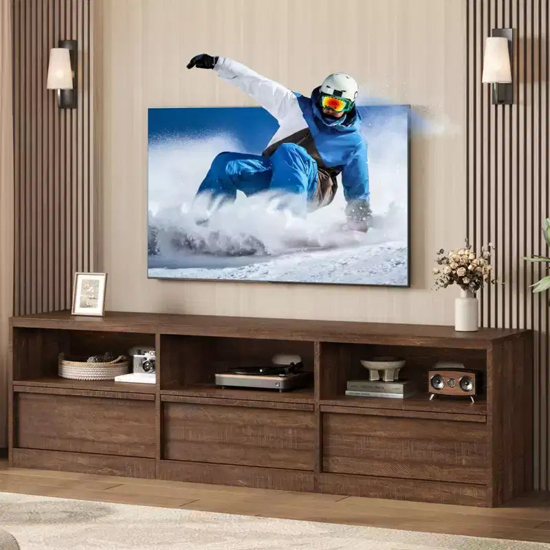 Meuble TV de 178 cm pour TV de 80 pouces, meuble de divertissement moderne du milieu du siècle avec tiroir de rangement et étagères ouvertes