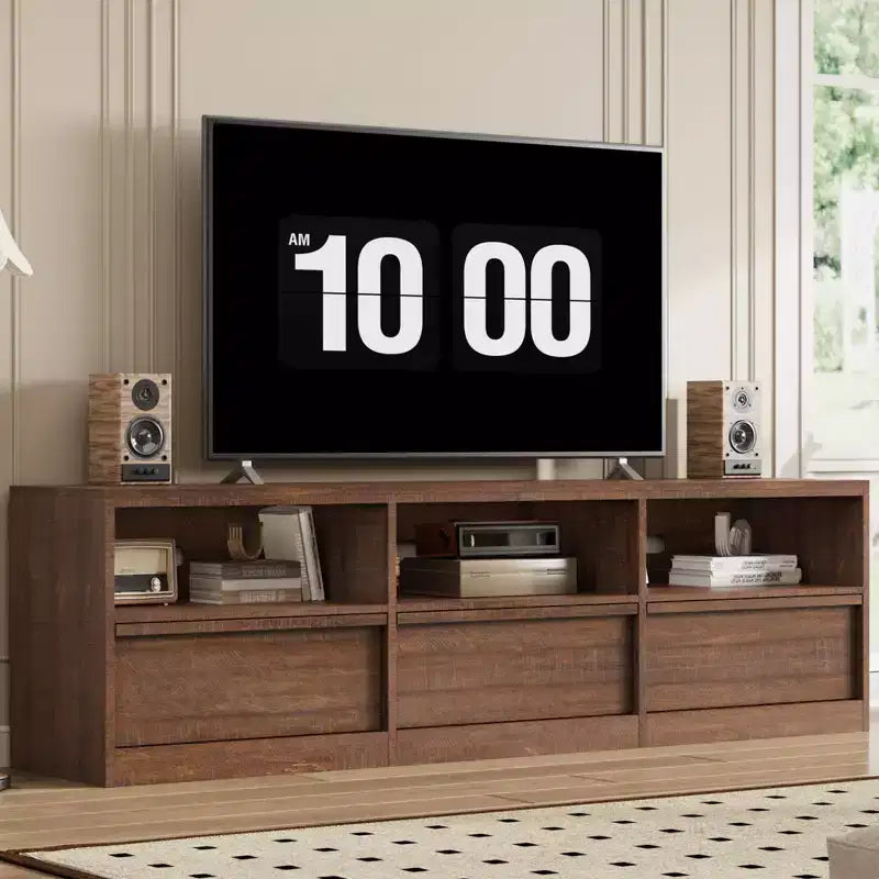 Meuble TV de 178 cm pour TV de 80 pouces, meuble de divertissement moderne du milieu du siècle avec tiroir de rangement et étagères ouvertes