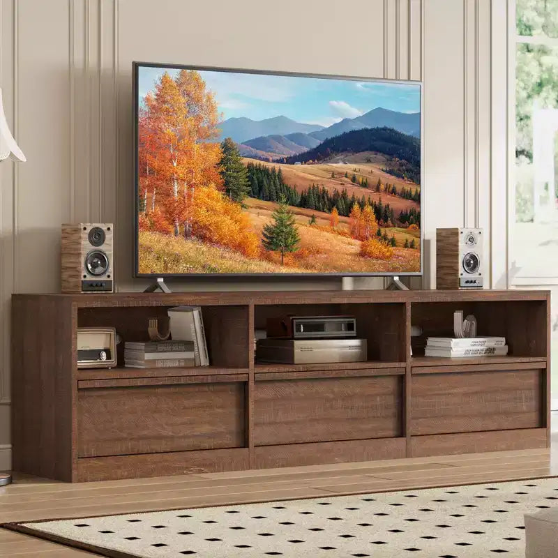 Meuble TV de 178 cm pour TV de 80 pouces, meuble de divertissement moderne du milieu du siècle avec tiroir de rangement et étagères ouvertes