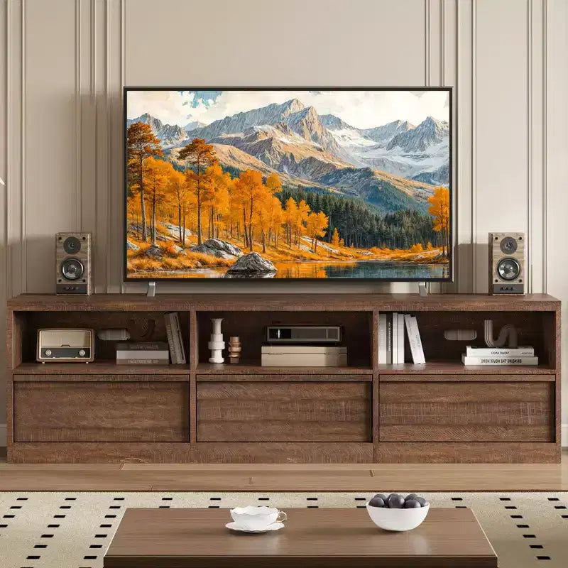 Meuble TV de 178 cm pour TV de 80 pouces, meuble de divertissement moderne du milieu du siècle avec tiroir de rangement et étagères ouvertes