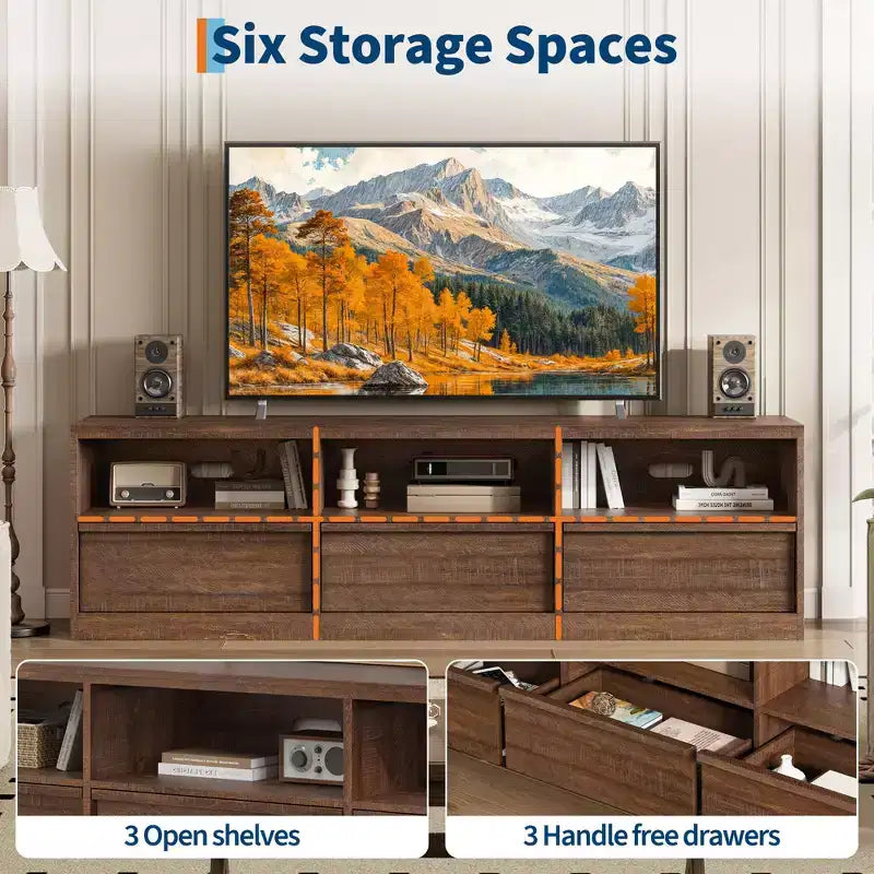 Meuble TV de 178 cm pour TV de 80 pouces, meuble de divertissement moderne du milieu du siècle avec tiroir de rangement et étagères ouvertes