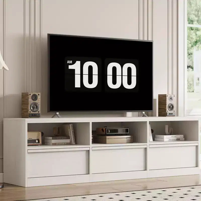 Meuble TV de 178 cm pour TV de 80 pouces, meuble de divertissement moderne du milieu du siècle avec tiroir de rangement et étagères ouvertes
