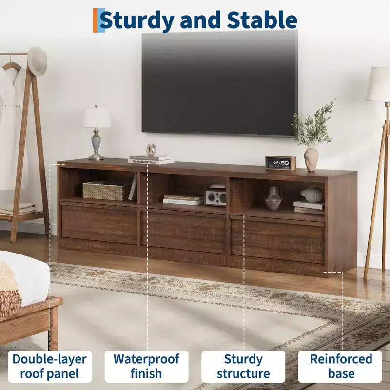 Meuble TV de 178 cm pour TV de 80 pouces, meuble de divertissement moderne du milieu du siècle avec tiroir de rangement et étagères ouvertes