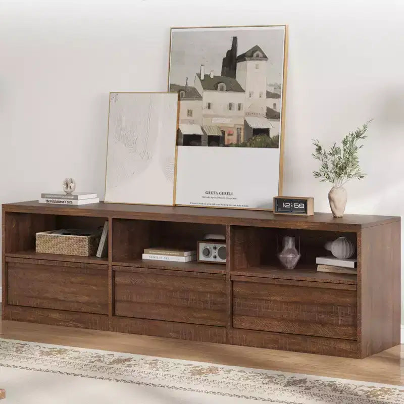 Meuble TV de 178 cm pour TV de 80 pouces, meuble de divertissement moderne du milieu du siècle avec tiroir de rangement et étagères ouvertes