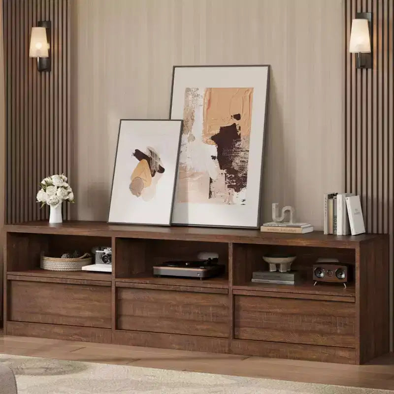 Meuble TV de 178 cm pour TV de 80 pouces, meuble de divertissement moderne du milieu du siècle avec tiroir de rangement et étagères ouvertes