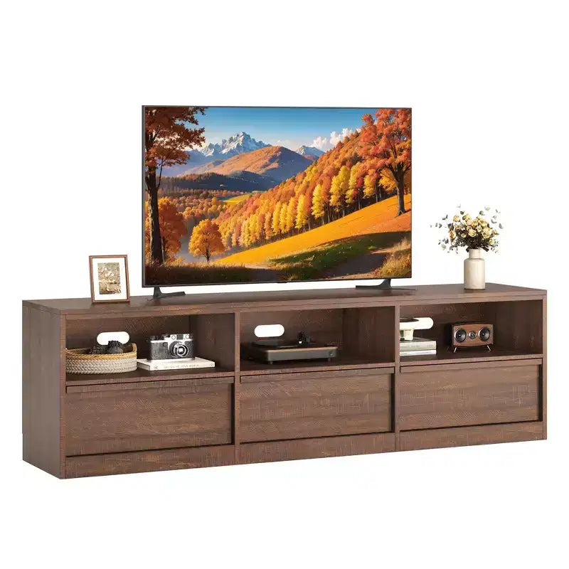 Meuble TV de 178 cm pour TV de 80 pouces, meuble de divertissement moderne du milieu du siècle avec tiroir de rangement et étagères ouvertes