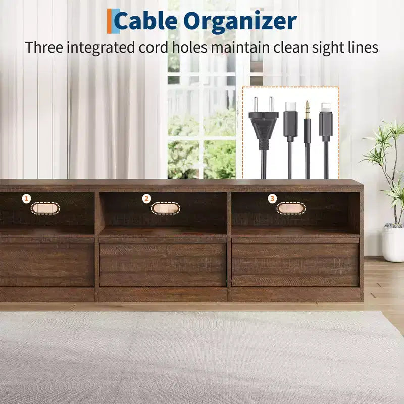 Meuble TV de 178 cm pour TV de 80 pouces, meuble de divertissement moderne du milieu du siècle avec tiroir de rangement et étagères ouvertes