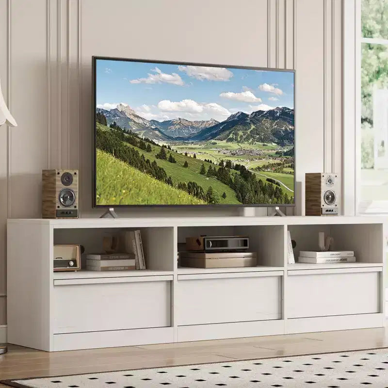 Meuble TV de 178 cm pour TV de 80 pouces, meuble de divertissement moderne du milieu du siècle avec tiroir de rangement et étagères ouvertes