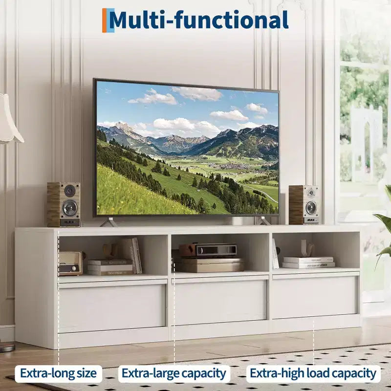 Meuble TV de 178 cm pour TV de 80 pouces, meuble de divertissement moderne du milieu du siècle avec tiroir de rangement et étagères ouvertes