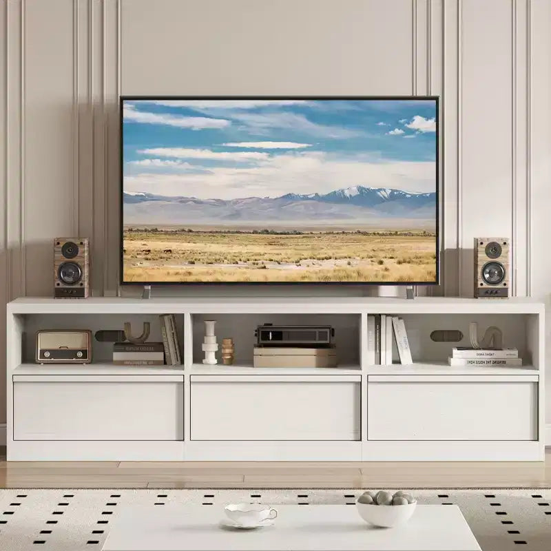Meuble TV de 178 cm pour TV de 80 pouces, meuble de divertissement moderne du milieu du siècle avec tiroir de rangement et étagères ouvertes