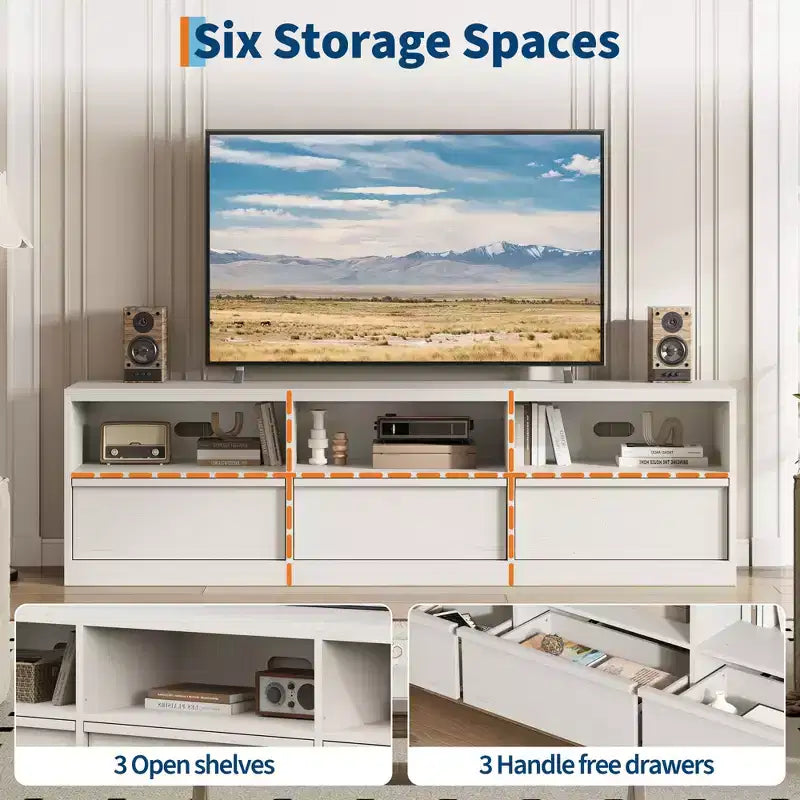 Meuble TV de 178 cm pour TV de 80 pouces, meuble de divertissement moderne du milieu du siècle avec tiroir de rangement et étagères ouvertes