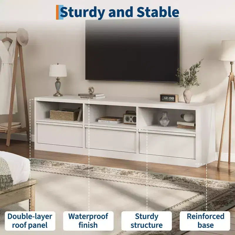 Meuble TV de 178 cm pour TV de 80 pouces, meuble de divertissement moderne du milieu du siècle avec tiroir de rangement et étagères ouvertes