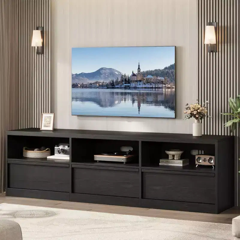 Meuble TV de 178 cm pour TV de 80 pouces, meuble de divertissement moderne du milieu du siècle avec tiroir de rangement et étagères ouvertes