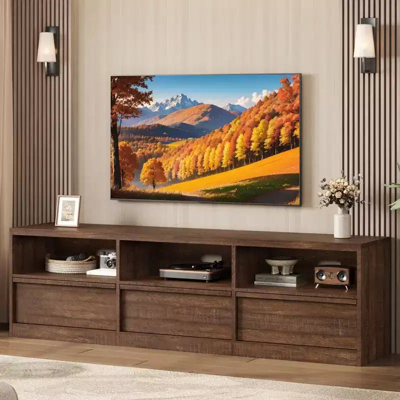Meuble TV de 178 cm pour TV de 80 pouces, meuble de divertissement moderne du milieu du siècle avec tiroir de rangement et étagères ouvertes