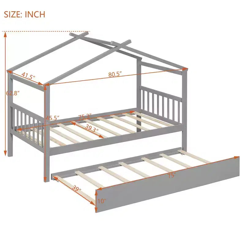 Lit cabane en bois double Whisen avec lit gigogne double