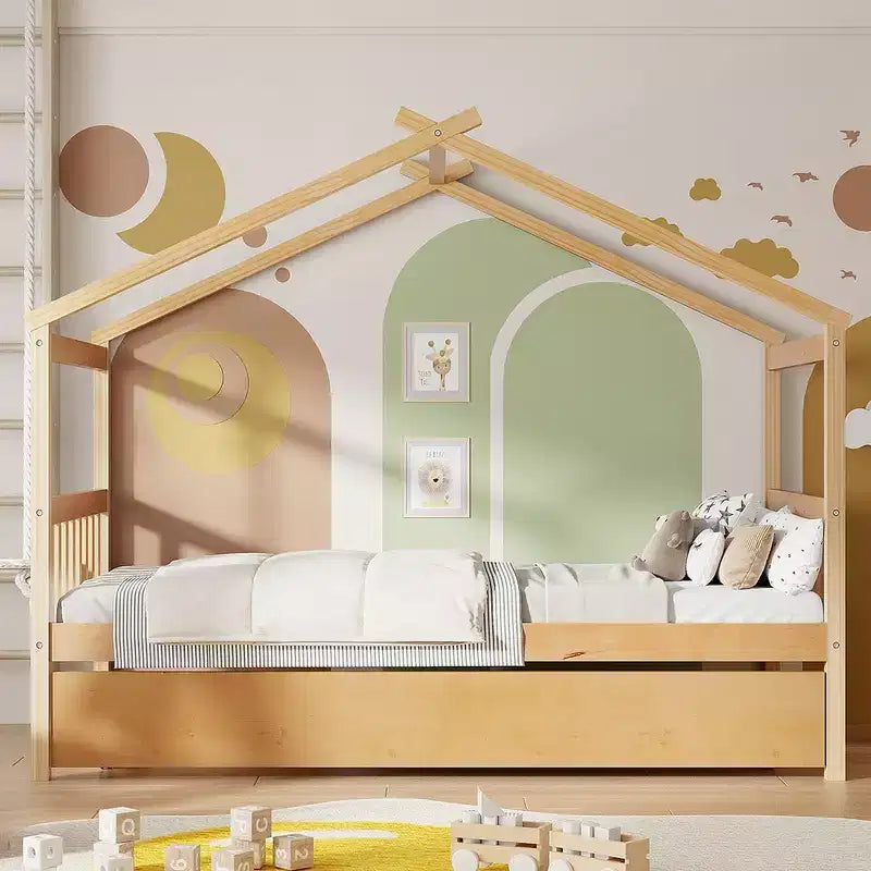 Lit cabane en bois double Whisen avec lit gigogne double