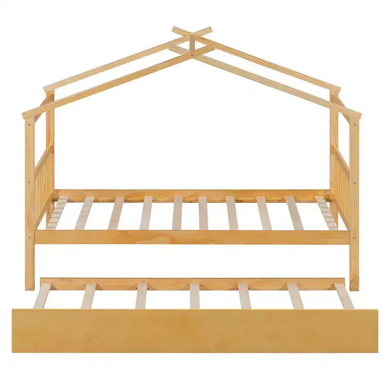 Lit cabane en bois double Whisen avec lit gigogne double