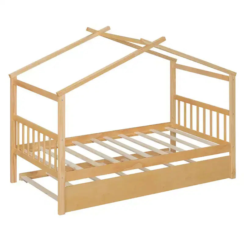 Lit cabane en bois double Whisen avec lit gigogne double