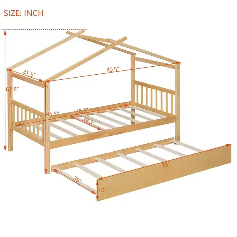 Lit cabane en bois double Whisen avec lit gigogne double