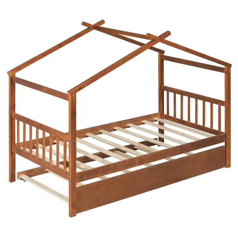 Lit cabane en bois double Whisen avec lit gigogne double
