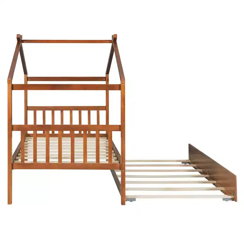 Lit cabane en bois double Whisen avec lit gigogne double