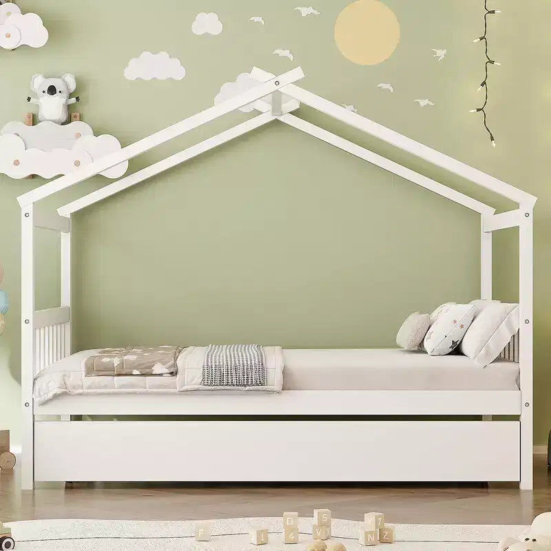 Lit cabane en bois double Whisen avec lit gigogne double
