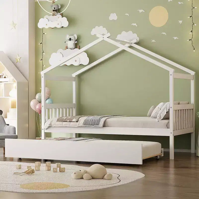 Lit cabane en bois double Whisen avec lit gigogne double